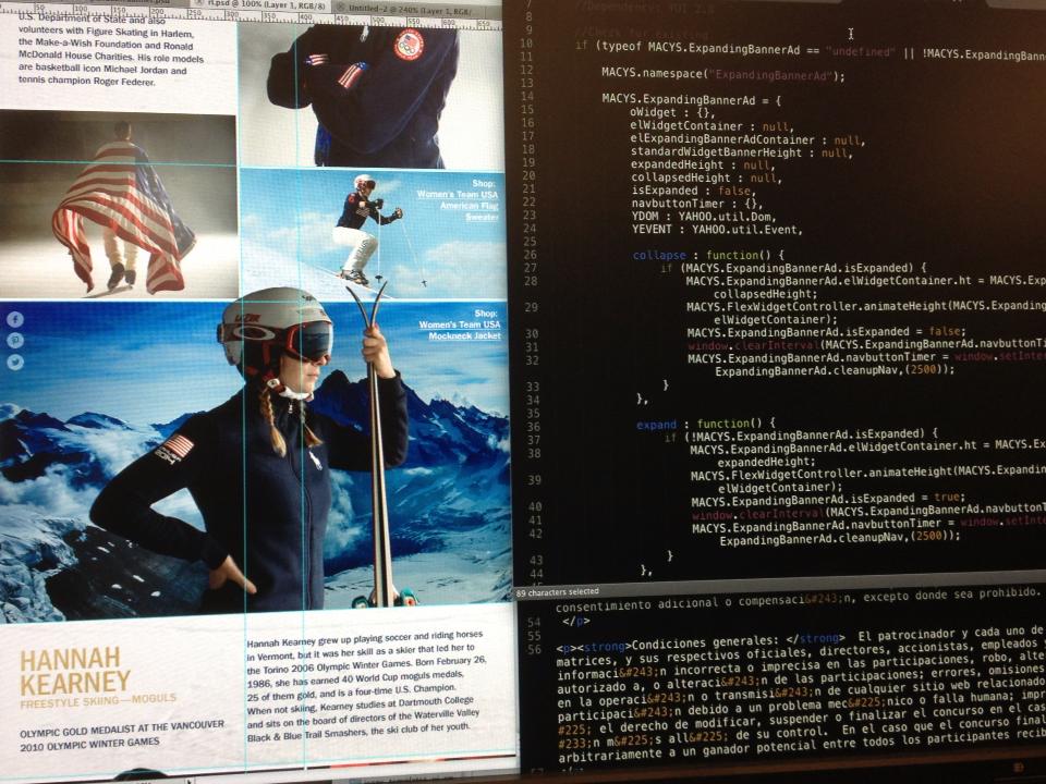 split screen of computer with olympic skier posing with official olympic clothing gear to represent team USA during the winter olympics and the code being written to engineer the design into the enterprise system.